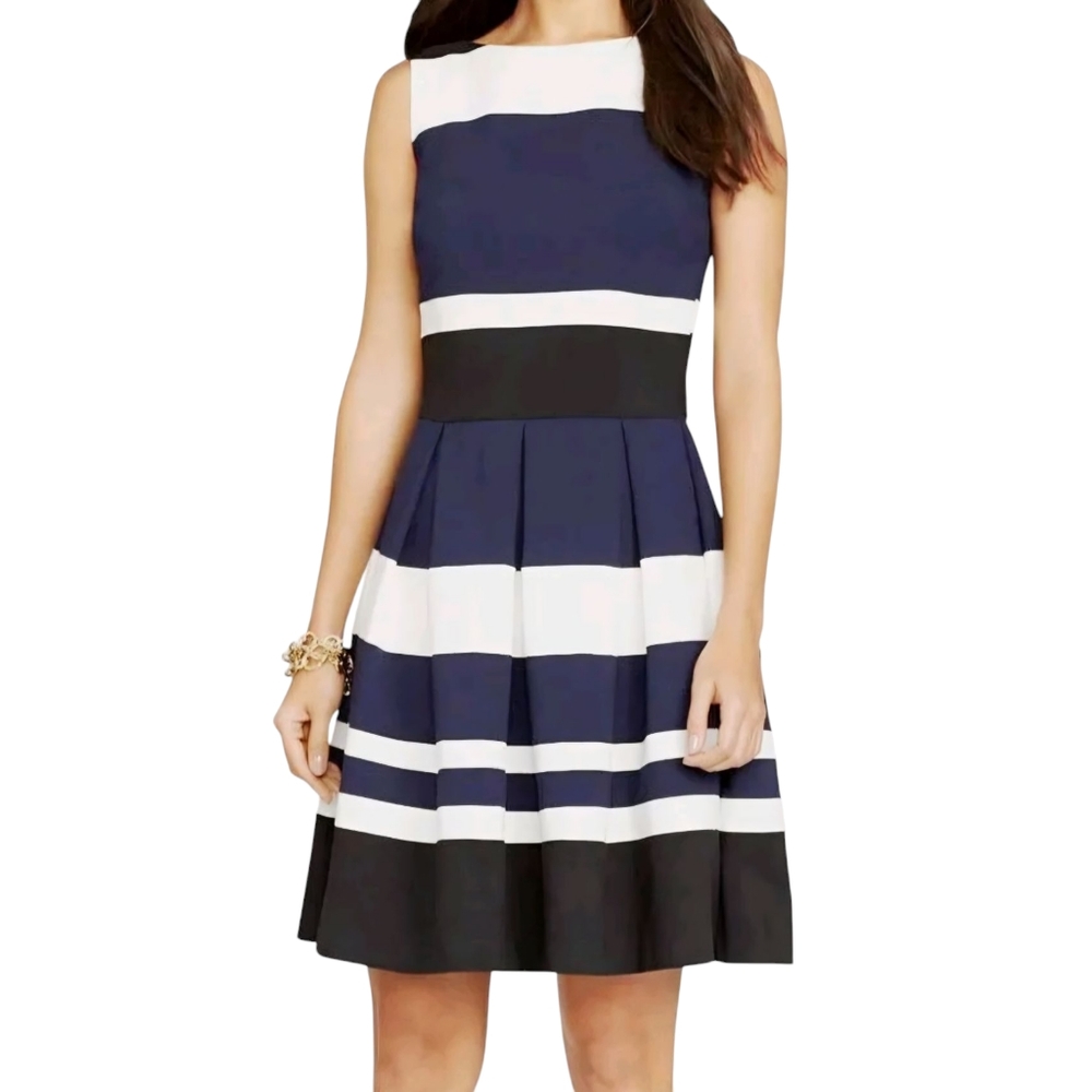 RALPH LAUREN LRL KEYLA Size 4 Nautical Navy Blue Stripe Fit & Flare Dress Preppy